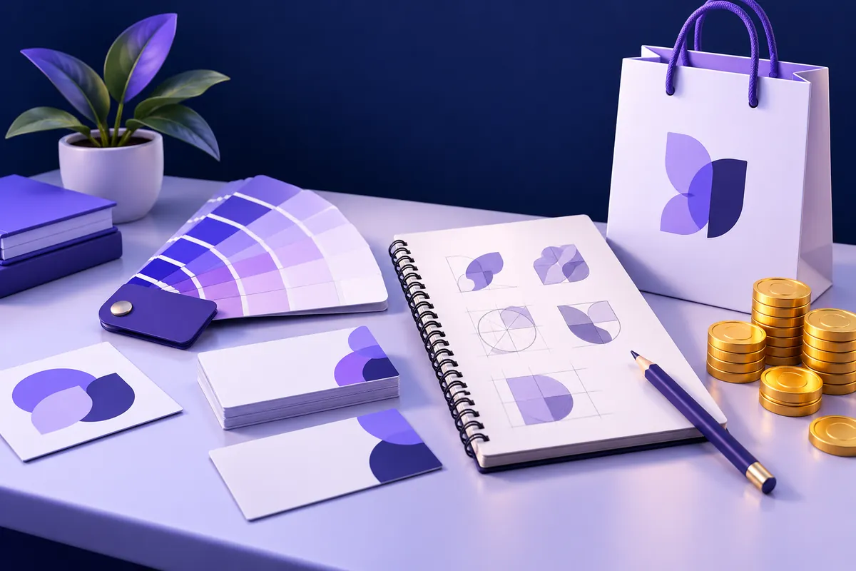 Brand identity kit with business cards, colour swatches and logo sketches, illustrating branding costs in Ahmedabad