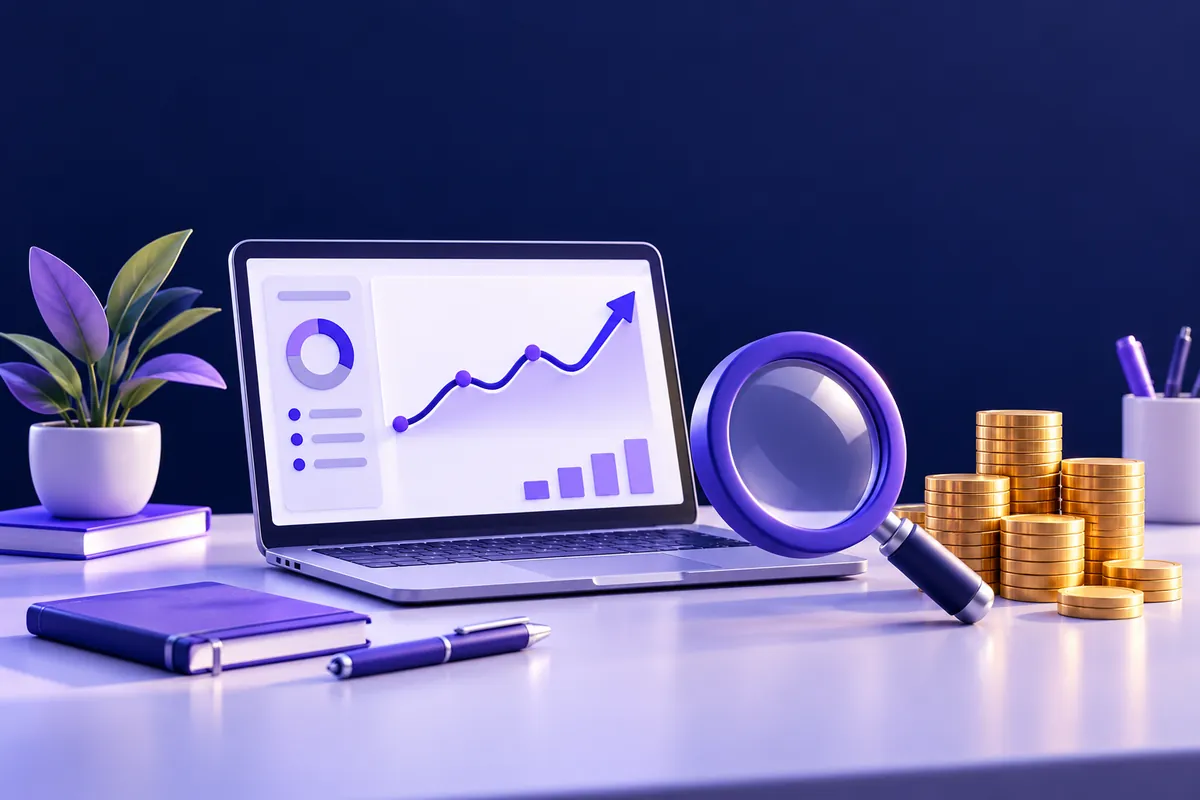Laptop with a rising traffic chart, a magnifying glass and stacks of coins, illustrating SEO costs in India