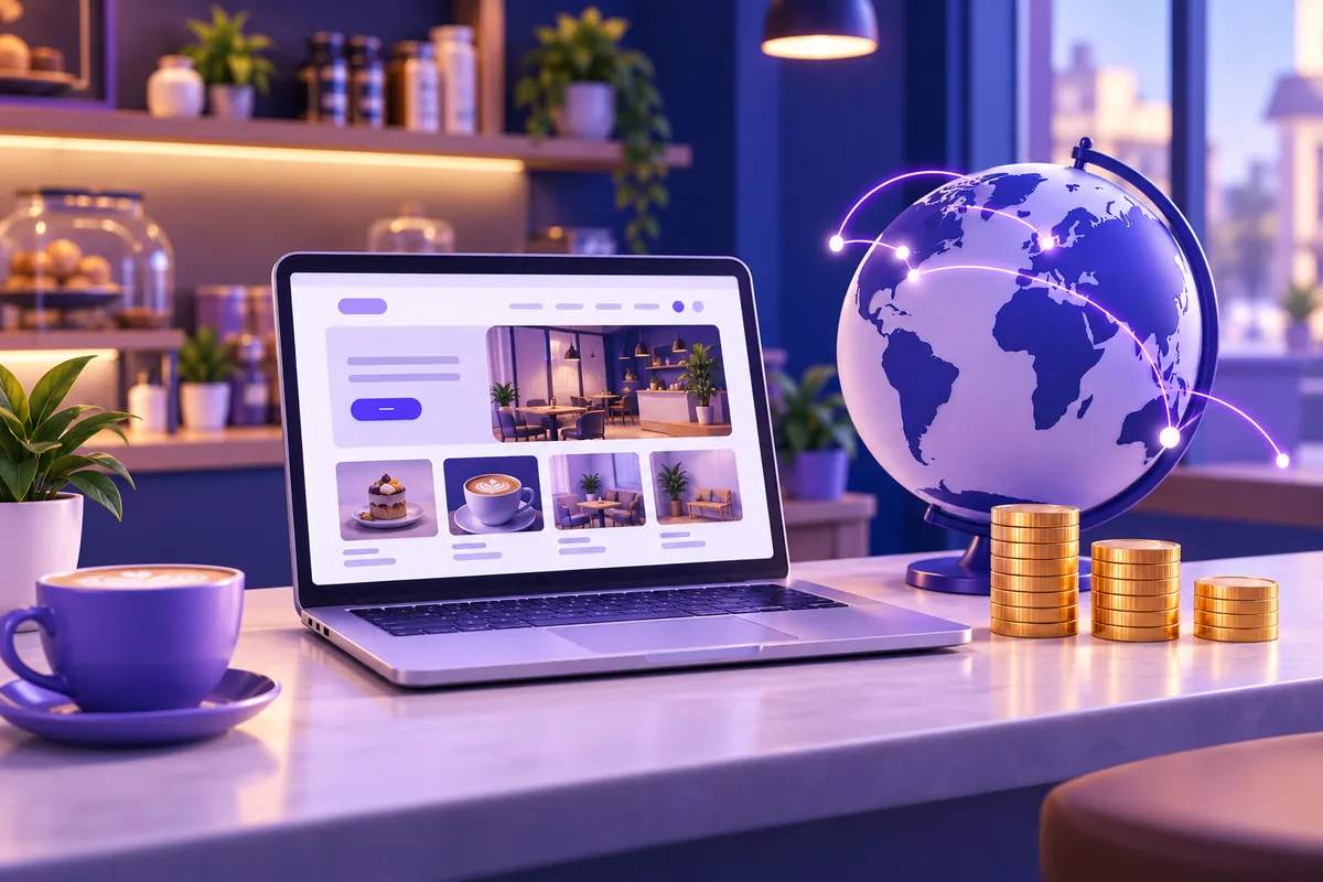 Small business website on a laptop beside a globe and stacks of coins, illustrating website costs abroad
