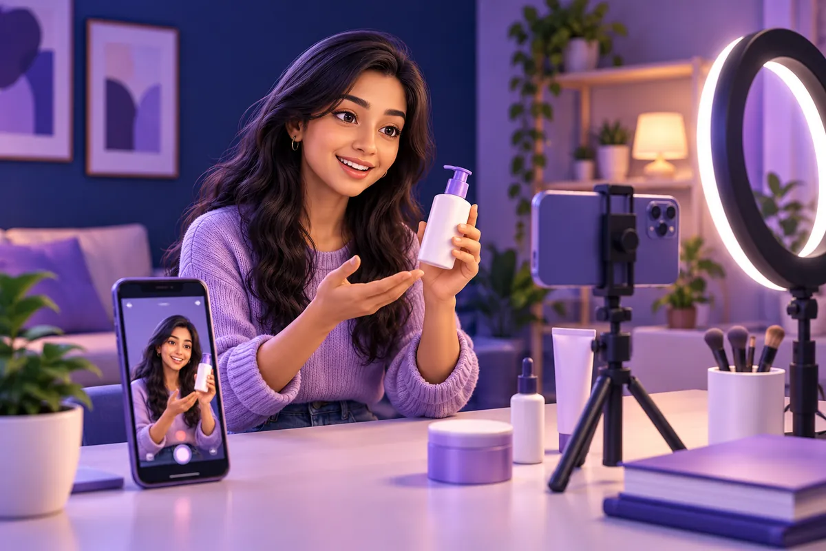 Indian creator filming a UGC video ad for a skincare product with a phone, tripod and ring light