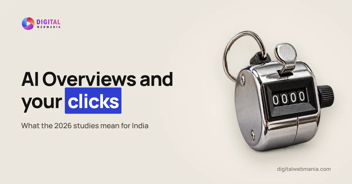 Google AI Overviews and clicks in 2026: what Indian businesses should do (cover image with a hand tally counter)