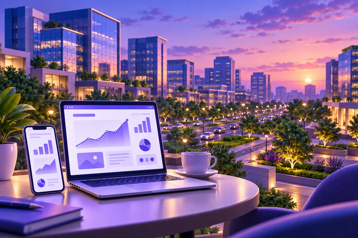 Modern business district in Gandhinagar, Gujarat, with glass office towers