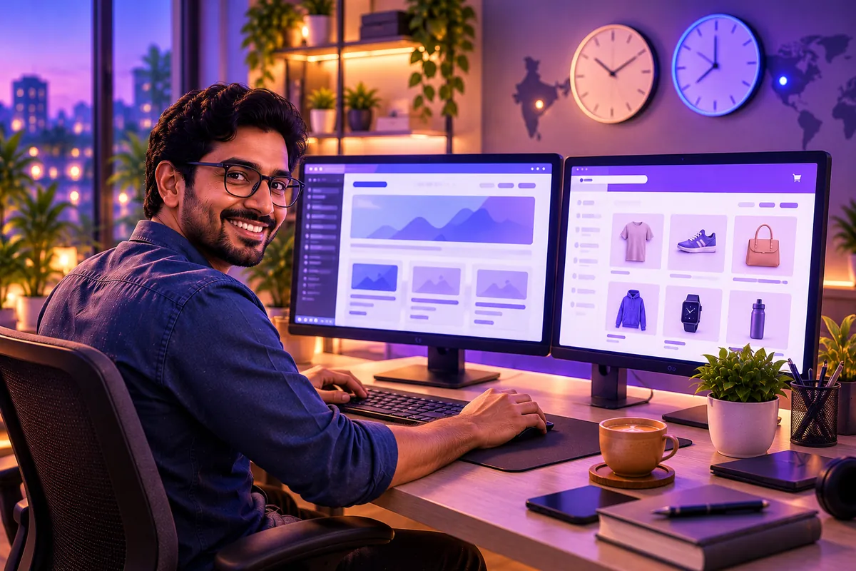 Indian web developer at two monitors showing a website layout and an online store, with clocks for two time zones
