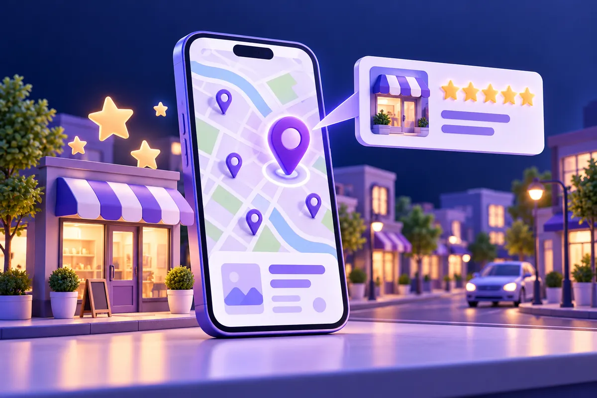 Smartphone map with location pins and star ratings for a local business on Google