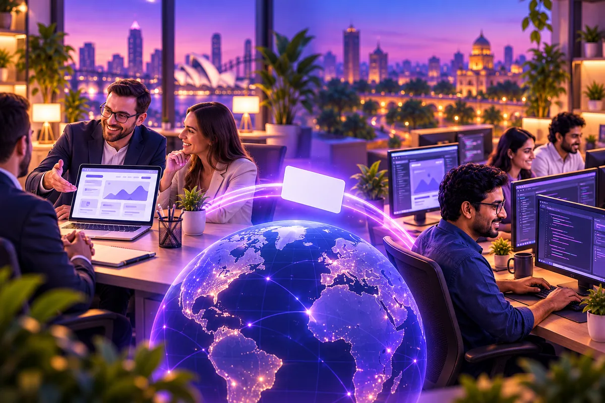 Agency team presenting a client report while a partner team in India does the work, linked by a glowing globe